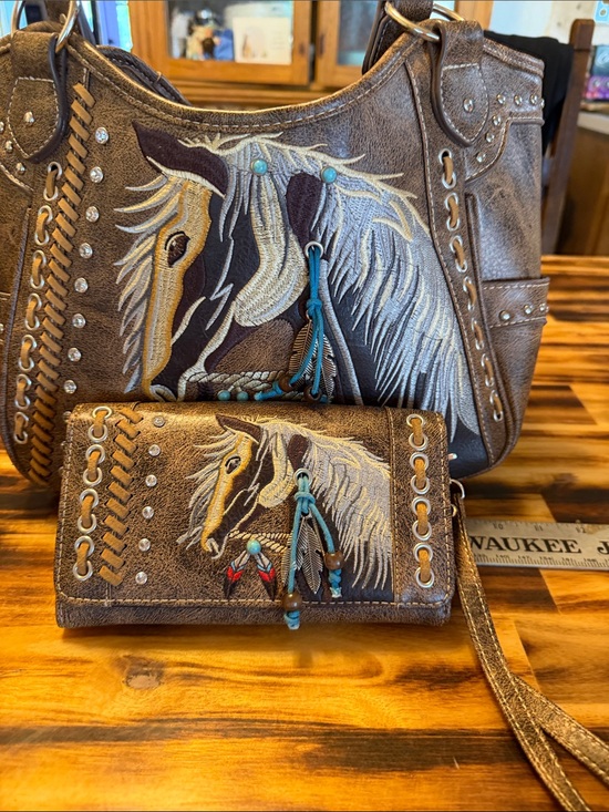 Handbags - Brown Embroidered Horse Shoulder Bag with Wristlet